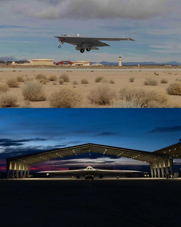 미 공군의 차세대 스텔스 전략폭격기 ‘B-21 레이더’의 이륙모습과 격납고 안에 위치한 모습. 사진=412th Test Wing courtesy