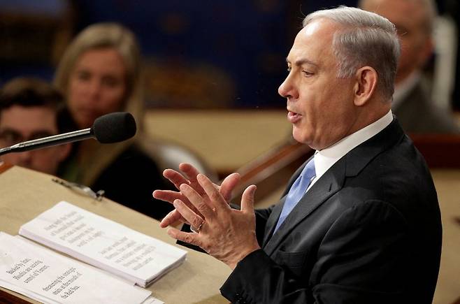 이스라엘의 베냐민 네타냐후 총리가 지난 2015년 3월 3일 미국 워싱턴DC 국회의사당에서 상·하원 합동 연설을 하고 있다.로이터연합뉴스