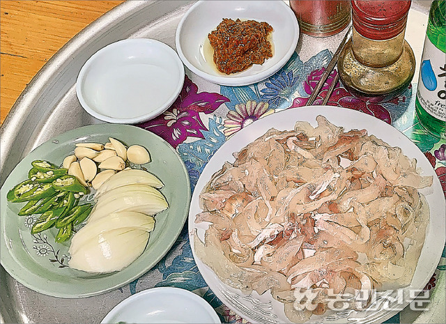 경남 고성의 ‘우리식당’에서 내놓은 갓 잡은 쥐치회.