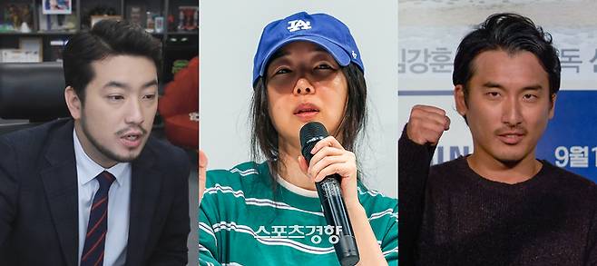 웹툰작가 겸 유튜버 침착맨(이말년, 왼쪽), 돌고래유괴단 신우석 감독(오른쪽) 등이 어도어 민희진 대표(가운데)를 지지하는 탄원서를 제출했다. 경향신문 자료사진