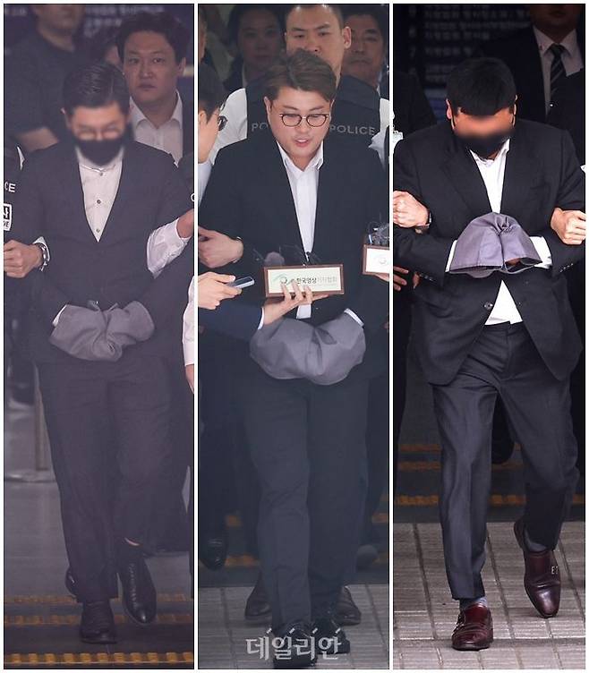 생각엔터테인먼트 이광득 대표(김호중 매니저에게 허위 자수를 지시한 혐의(범인도피교사)), 트로트 가수 김호중(특정범죄가중처벌법상 위험운전치상, 도주치상 혐의), 생각엔터테인먼트 본부장 전모씨(블랙박스 메모리카드를 제거한 혐의(증거인멸 등))가 24일 오후 서울 중앙지방법원에서 열린 구속 전 피의자 심문(영장실질심사)을 마치고 호송차로 이동하고 있다. ⓒ데일리안 방규현 기자