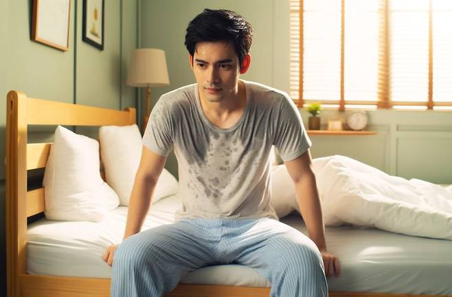 잠을 자면서 땀을 흘리는 현상 자체는 신체의 자연스러운 현상이다. 몸은 자는 동안 중심부 체온을 낮추기 위해 땀을 낸다. 문제는 '땀이 내 수면을 방해할 정도로 많이 난다!'일 때다. 원인을 찾아 개선해야 할 필요가 있다. [사진=DALL·E _chatGPT 생성형 이미지_코메디닷컴]