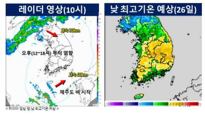 ⓒ기상청: 오늘(26일) 강수 레이더 영상 및 최고기온 전국날씨