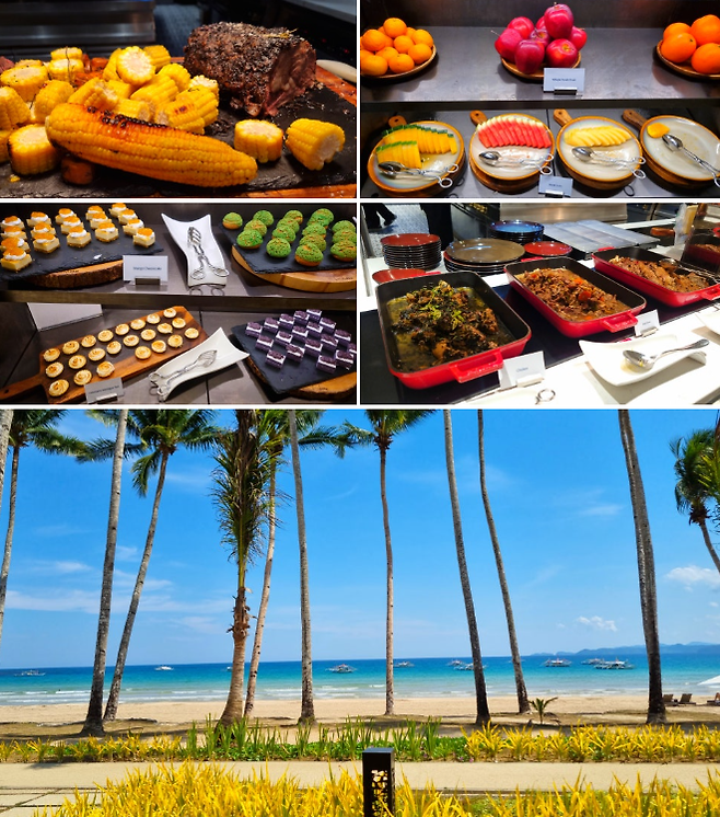 호텔 내 뷔페 음식과 해변 전망 / 사진=김혜성 여행+ 기자