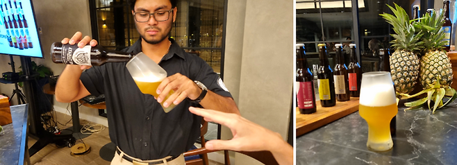 맥주 따르는 시범을 보이고 있다 / 사진=김혜성 여행+ 기자