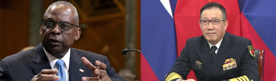 로이드 오스틴(왼쪽 사진) 미 국방장관과 둥쥔 중국 국방부장 AP 연합뉴스, CCTV 캡쳐