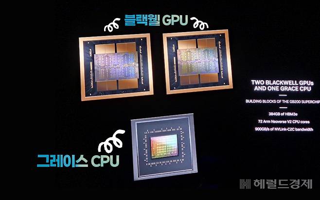 엔비디아의 차세대 슈퍼칩 ‘GB200’은 ‘블랙웰 GPU’ 2개와 ‘그레이스 CPU’ 1개로 구성된다. 김현일 기자