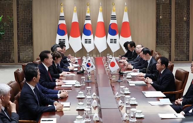 기시다 후미오 일본 총리가 26일 서울 용산 대통령실에서 열린 윤석열 대통령과의 한일 정상회담에서 발언하고 있다. 연합뉴스