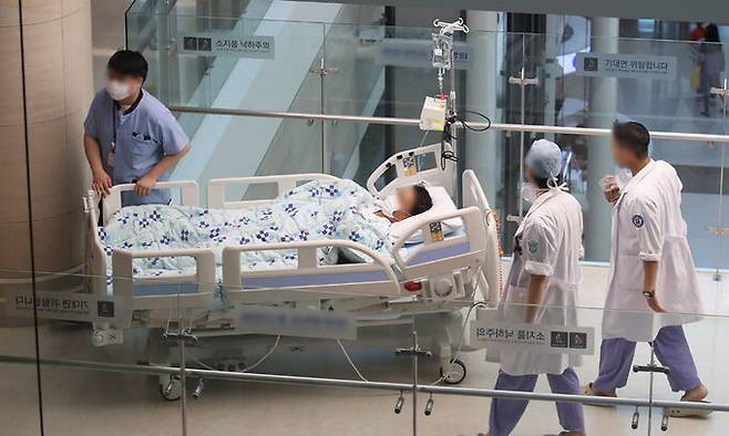 지난 23일 대구의 한 대학병원 수술센터 앞에서 의료진이 환자 침상을 따라 이동하고 있다. 뉴스1