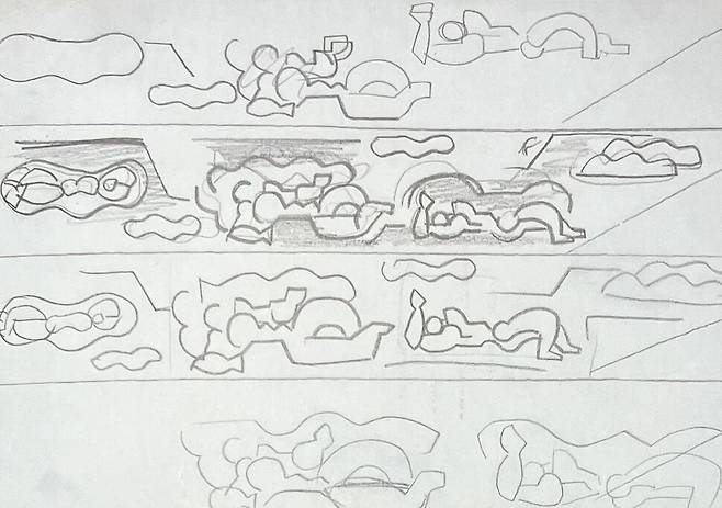 서울 종로4가 상업은행 벽화를 작업하기 위해 오윤이 그렸던 밑그림. 구름과 하늘을 배경으로 사람이 누워있는 듯한 형상이다. 2006년 국립현대미술관에서 열린 고인의 작고 20주기 회고전 도록에 실린 도판중 일부다.