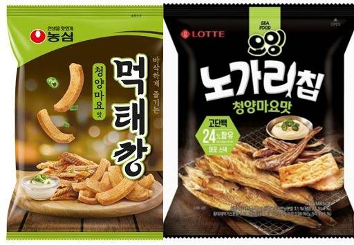 농심의 먹태깡(왼쪽)과 롯데웰푸드의 오잉 노가리칩 청양마요맛. [각 사 제공]