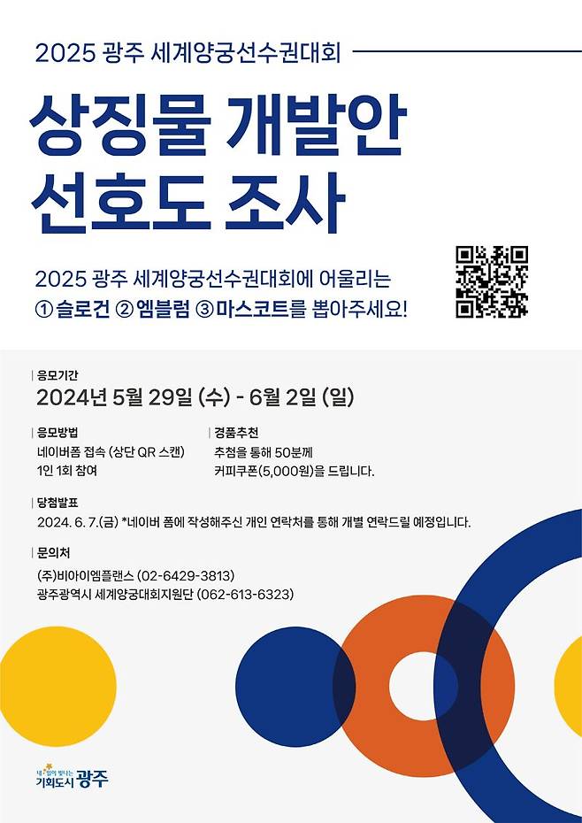 광주광역시가 오는 29일부터 6월 2일까지 5일간 '2025 광주 세계양궁선수권대회'의 상징물인 슬로건, 엠블럼, 마스코트에 대한 선호도 조사를 진행한다. 광주광역시 제공