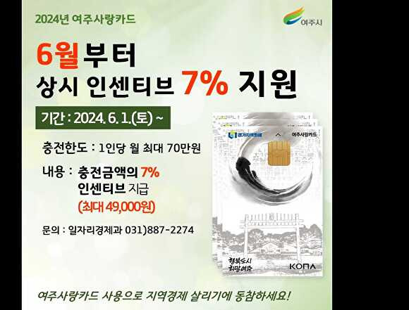 2024년 여주사랑카드 상시 인센티브 7% 지원 홍보 웹 포스터 [사진=여주시]