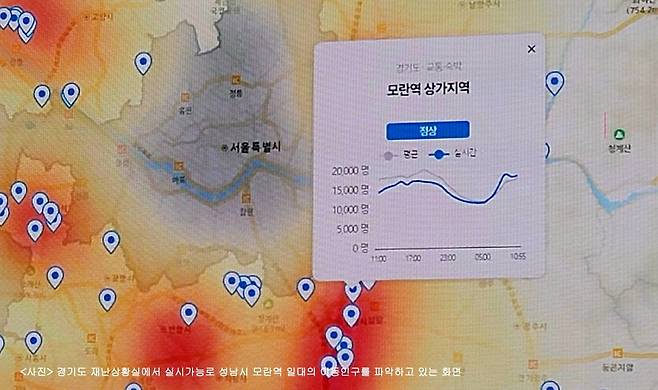 경기도 재난상황실에서 실 시간으로 성남시 모란역 일대의 이동 인구를 파악하고 있는 화면.경기도 제공