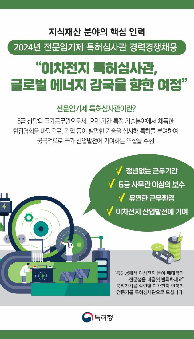 특허청의 이차전지 분야 전문임기제 특허심사관 채용 관련 홍보 이미지