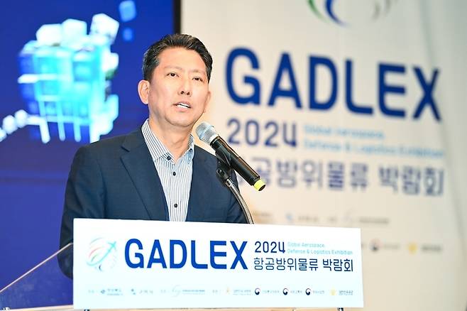 김장호 구미시장이 ‘2024 항공 방위 물류 박람회’에서 인사말을 하고 있다.(사진제공-구미시)