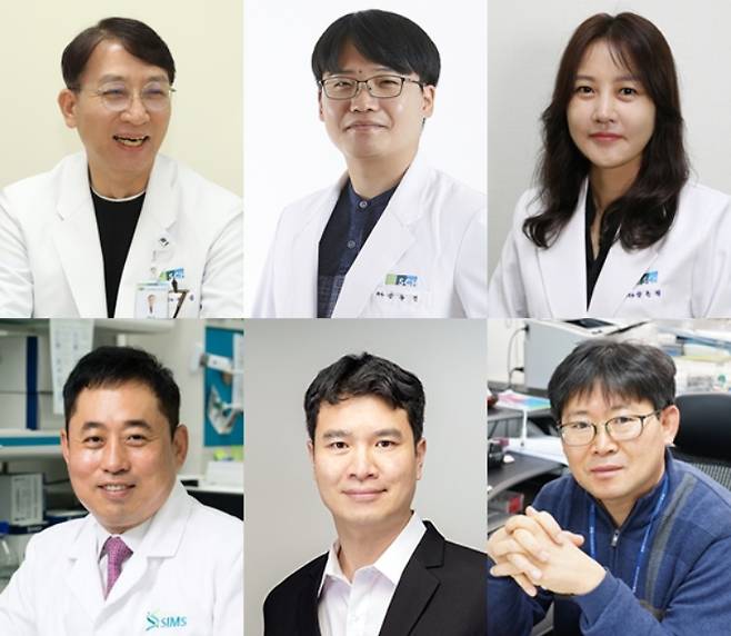 순천향대천안병원 전섭, 강동현, 양은정 교수(위 왼쪽부터)와 SIMS 류성호 교수, 순천향대 임정균 교수, 단디큐어(주) 방정규 대표이사(아래 왼쪽부터). 순천향대천안병원 제공