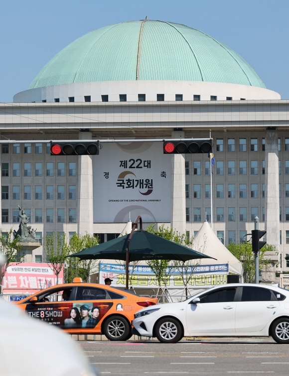 제22대 국회 개원 하루 앞으로 - 22대 국회 개원을 하루 앞둔 29일 서울 여의도 국회의사당에 개원을 축하하는 대형 현수막이 걸려 있다. 연합뉴스