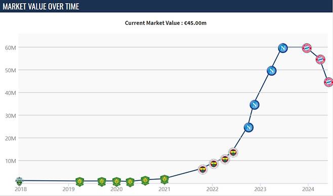 바이에른 뮌헨 김민재의 시장가치 그래프. 지난해 12월 6000만 유로로 최고점을 유지한 뒤 3월 5500만 유로, 5월 4500만 유로로 급격하게 떨어졌다. 사진=트랜스퍼마르크트