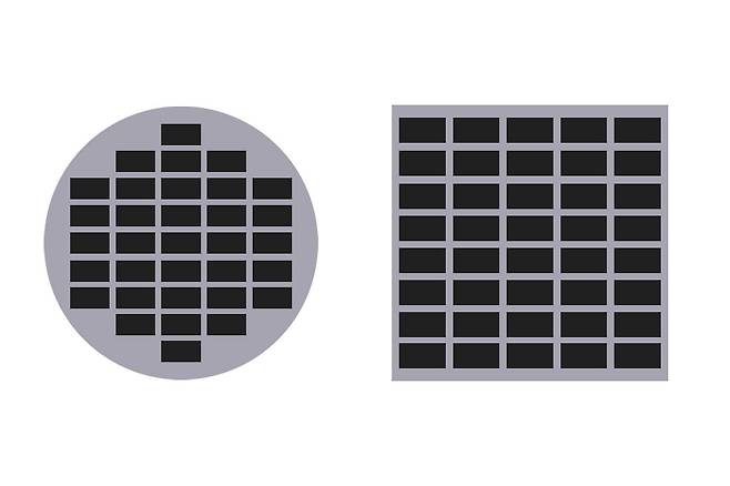 흔히 쓰는 원형 웨이퍼(우)는 주변부를 쓸 수 없지만, 패널(우)은 최대한 많은 면적 활용이 가능하다. / 출처=IT동아