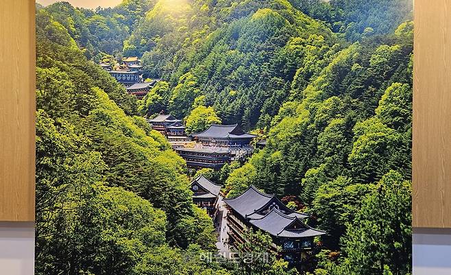 멀리서 구인사를 찍은 사진. 좁은 계곡 부지에 큼지막한 건물이 들어선 모습이다.