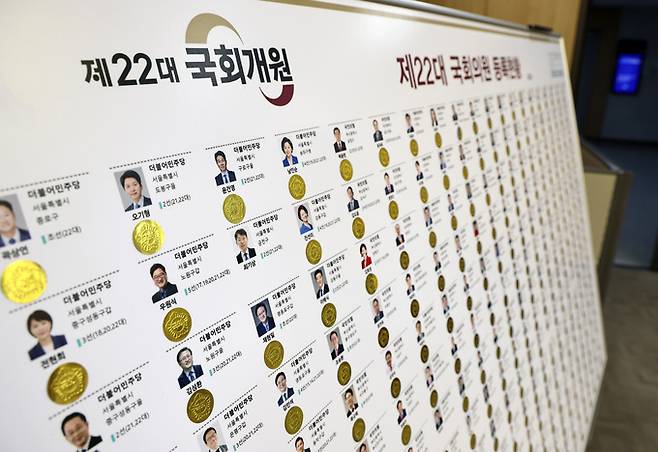 제22대 국회 개원을 하루 앞둔 29일 서울 여의도 국회의원회관에 설치된 개원종합지원실에 당선인 등록현황이 표시돼 있다. 뉴스1