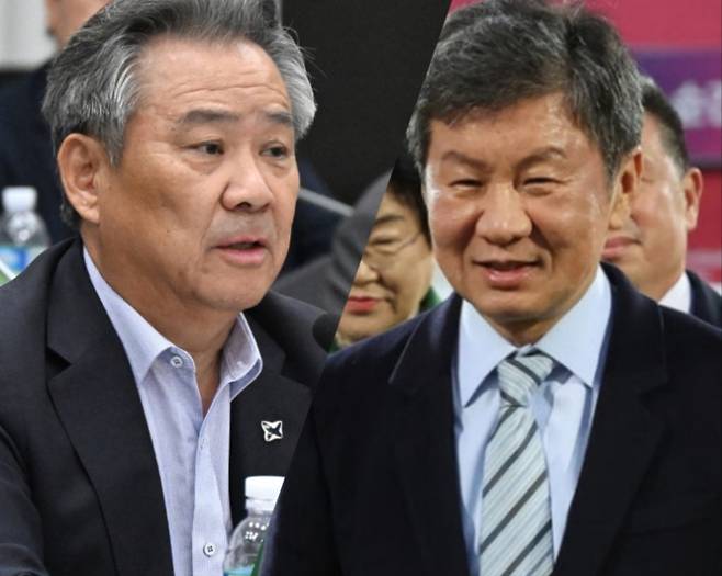 31일 제31차 이사회에서 발언하는 이기흥 대한체육회장(사진 왼쪽)과 정몽규 대한축구협회장. 대한체육회, 자료사진