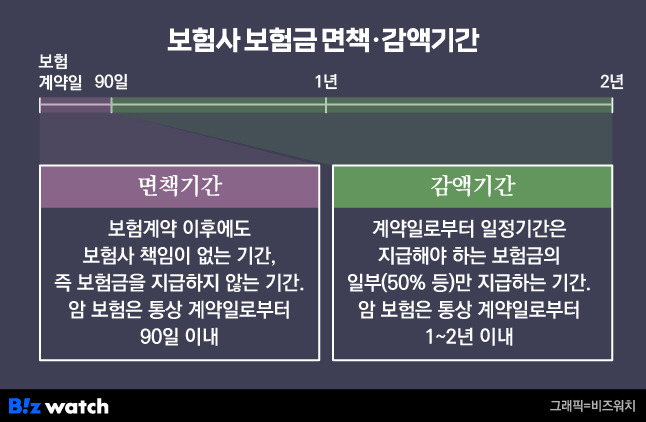 보험사 암 보험금 면책·감액기간/그래픽=비즈워치