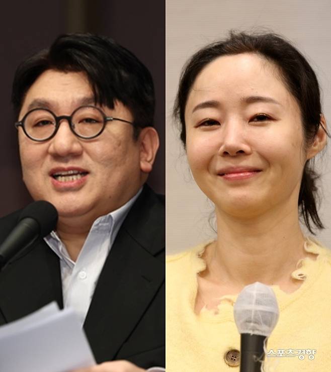 하이브 방시혁 의장(왼쪽), 어도어 민희진 대표이사. 연합뉴스, 경향신문 DB