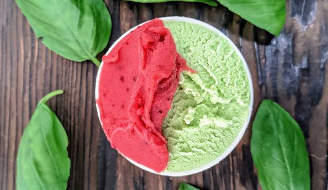 경남 창원 ''젤티코''의 ''천도복숭아·자두 젤라토''와 ''바질 젤라토''.