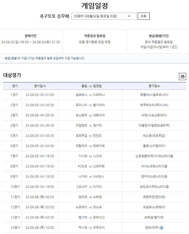 축구토토 승무패 35회차 대상경기. 사진=스포츠토토