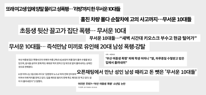 소년범죄 관련 언론의 자극적인 헤드라인. 이예은 '소소소'팀 활동가 발표 자료 중 발췌.