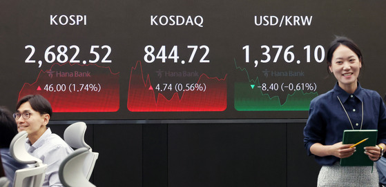 A screen in Hana Bank's trading room in central Seoul shows stock markets closing on Monday. [NEWS1]