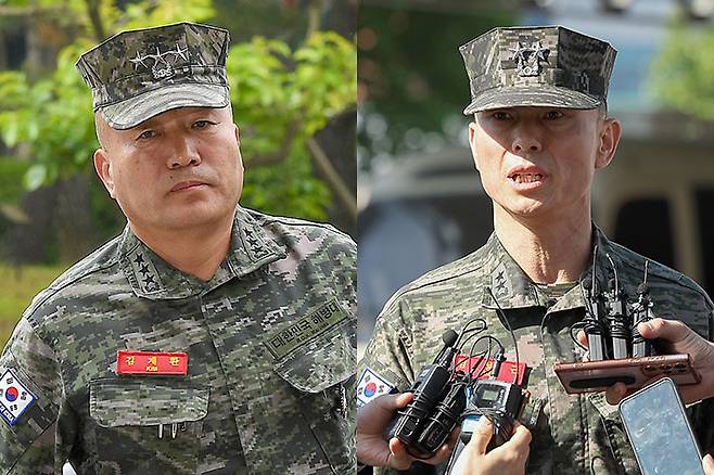 김계환 해병대 사령관(왼쪽), 임성근 전 해병대 1사단장. 박종민 기자·연합뉴스