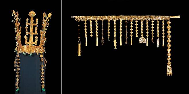 경주 금관총 출토 금관과 금 허리띠 정식 명칭은 국보 '금관총 금관 및 금제 관식', '금관총 금제 허리띠' [국립부여박물관 제공. 재판매 및 DB 금지]