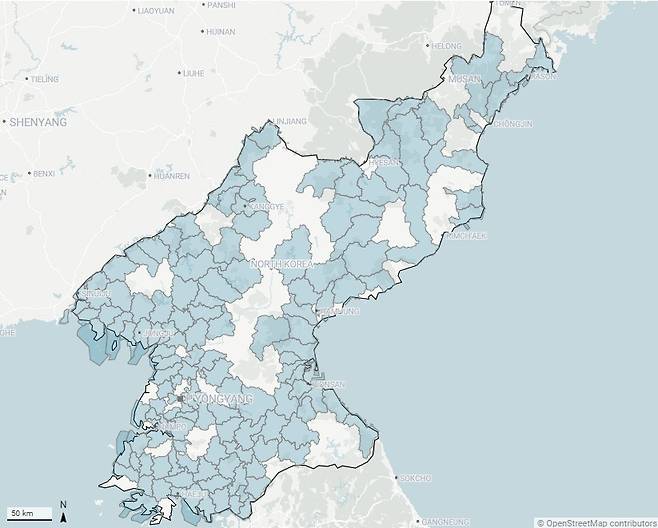 미국의 북한전문매체 38노스가 공개한 북한 농촌 살림집 건설 분포도 (38노스 갈무리)