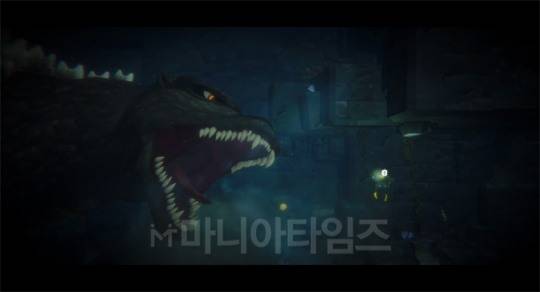 거대한 고질라에 놀라는 주인공 데이브. '데이브 더 다이브' DLC 'Godzilla Content Pack' 인게임 화면.