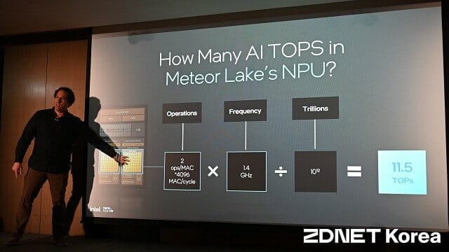 메테오레이크 내장 NPU 3의 TOPS 계산 결과. (사진=지디넷코리아)