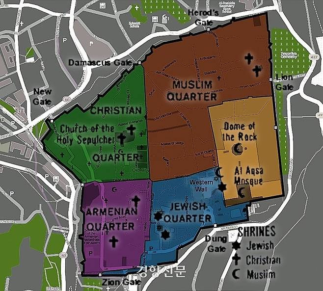 동예루살렘 구시가지에 있는 네 구역. 기독교(맨 왼쪽 위부터 시계방향으로), 이슬람교, 유대교, 아르메니안기독교 순. 위키피디아