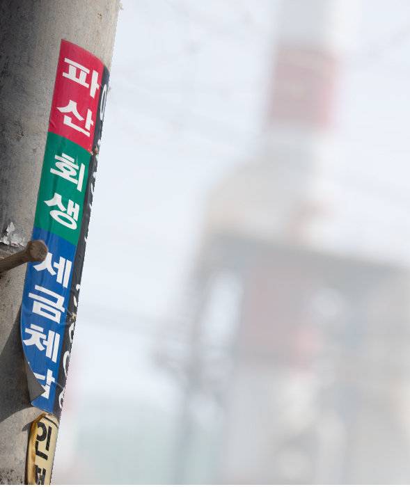 전봇대에 파산 회생 안내 전단지가 붙어있다. [지호영 기자]
