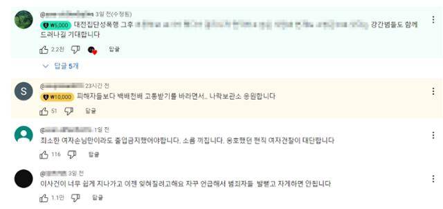 밀양 집단 성폭행 사건 가해자 신상공개 영상에 달린 댓글. 유튜브 채널 '나락보관소' 캡처