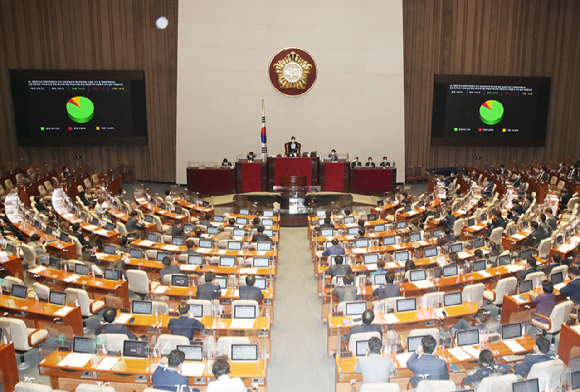 사진은 과거 국회 본회의에서 한미 방위비분담금특별협정(SMA) 비준 동의안인 '대한민국과 아메리카합중국 간의 상호방위조약 제4조에 의한 시설과 구역 및 대한민국에서의 합중국군대의 지위에 관한 협정 제5조에 대한 특별조치에 관한 대한민국과 미합중국 간의 협정 비준동의안'이 통과되고 있는 모습이다. [사진=김성진 기자]