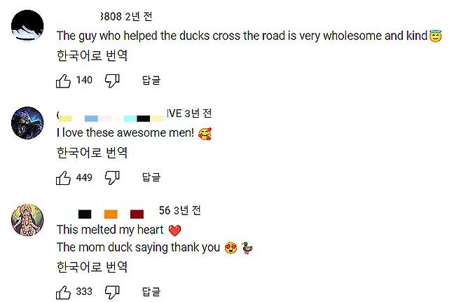 러시아 경찰이 오리 가족을 살려줘 고맙다고, 친절하다고, 멋지다고, 마음을 녹였다고. 해당 영상에는 이리 좋은 댓글이 많이 달렸다./사진=유튜브