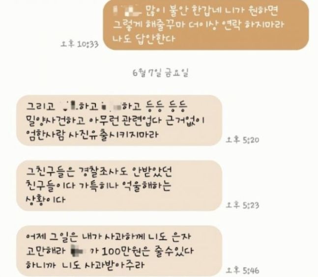 ⓒA씨가 공개한 메시지 내용