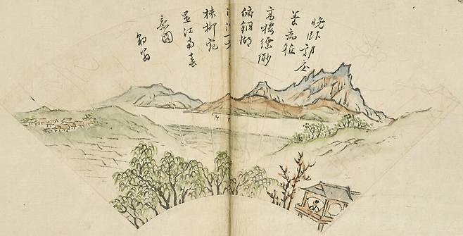 강세황 <두운지정 화첩> 중 `화선루 측면도’. 오른쪽 아래 화선루에 앉은 사람은 강세황으로 추정된다. 개인 소장. 마이아트옥션 제공.