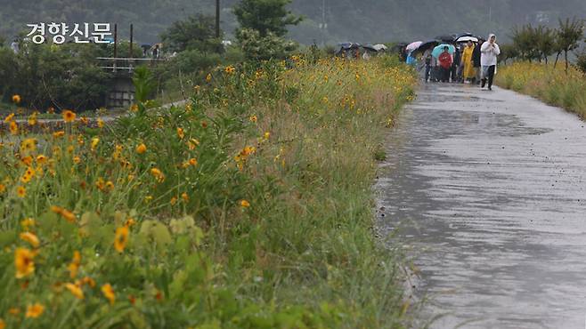 8일 ‘다시 타는 밀양 희망버스’ 참가자들이 경남 밀양시 용회마을에 설치된 102번 송전탑 앞으로 걸어오고 있다.