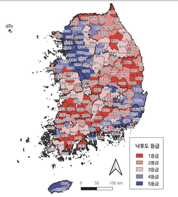 낙후도 지수에 따라 산출된 낙후 등급별 분포도 [한국지방행정연구원 제공. 재판매 및 DB 금지]