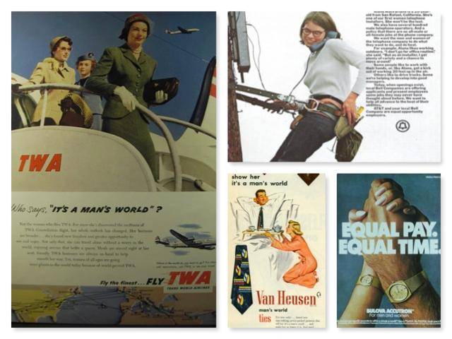 1953년의 TWA광고, 60년 반호이젠 광고, 73년 부로바 광고와 AT&T 광고.(왼쪽부터 시계 반대 방향) adcouncil.org, ebay.com