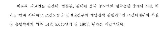 안부수 아태협 회장에 대한 1심 판결문(2022고합882). 6쪽에 안부수와 김성태가 외화 밀반출 공범으로 적시돼있다. 그러나 이화영 사건 재판부는 이 부분을 무죄로 판단했다.