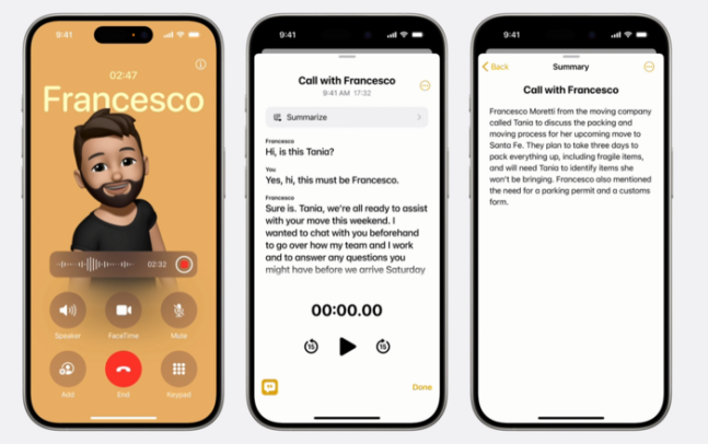 애플이 2024 세계개발자회의(WWDC)에서 통화 녹음·요약 기능을 소개하는 모습.